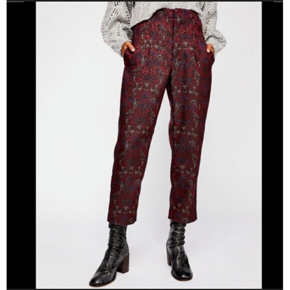 Free People High Waisted Pleated Front Cropped Brocade Jacquard Pants - Picture 8 of 8